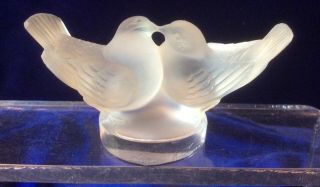 Signed Lalique French Art Glass Double Dove Bird Miniature Cabinet Sculpture