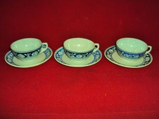 3 Dedham Pottery Arts And Crafts Rabbit Coffee Cups & Saucers