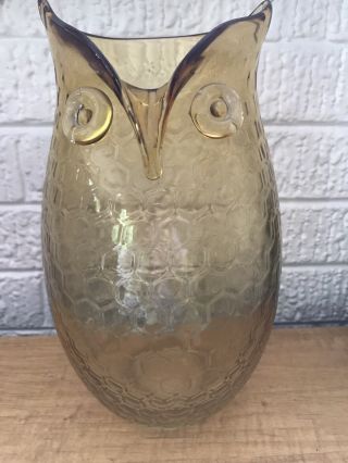 Large Tall Owl Vase Honeycomb Amber 11 Inches Glass Yellow Applied Eyes