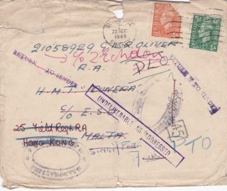 Hong Kong 1948 Well Travelled Gb Cover - Hmt Dunera Via Malta Singapore 11 Cancel