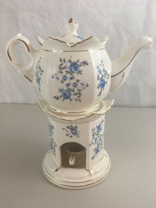 Blue Rose Teapot With Warmer By Castle Japan Gold Edging