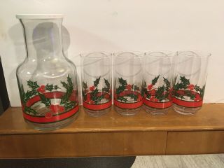 Vintage Christmas Libbey Holly & Berries Glasses And Decanter 5 Piece Set
