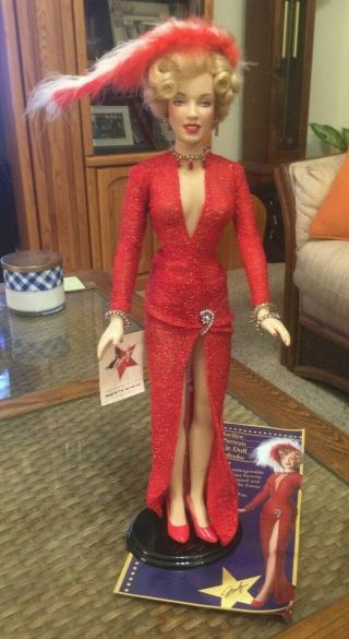 Franklin Marilyn Monroe Doll W/stand.  Gentlemen Prefer Blondes Red Dress.