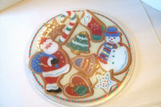 Peggy Karr Fused Glass Christmas Cookies Plate Santa Snowman