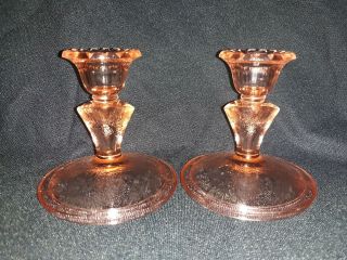 Vtg Pair Floral Poinsettia Pink 4 " Candlesticks Jeannette Glass Co.  Exc Cond