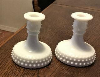 Set Of 2: Milk Glass Hobnail Style Candle Holders,  4 " Tall Each,  Euc