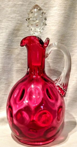 Fenton Cranberry Coin Dot Cruet With Clear Ground Stopper And Clear Optic Handle