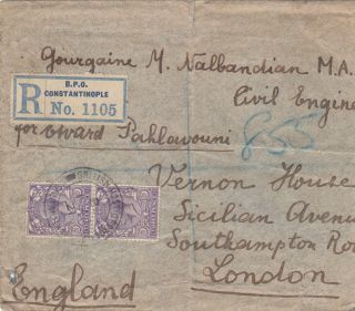 Turkey 1921 British Levant Registered Cover To England Armenian