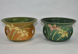 Vintage Roseville Pottery Zephyr Lily Brown And Green Bowls 470 - 5