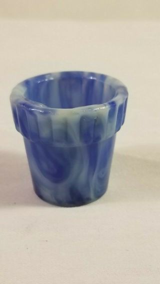 Vintage Akro Agate Usa Dark Blue & White Swirl Slag Glass 1 1/4 " Mini Pot