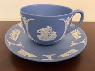 Vintage Wedgwood Blue Jasperware Tea Cup & Saucer Neoclassical Grecian Cherubs