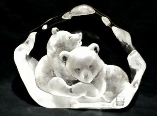 Vintage Mats Jonasson Crystal Glass Bear Cubs Art Sculpture Signed & Numbered