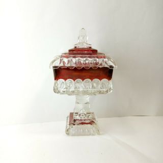 Vintage Ruby Red Candy Dish - Clear Diamond Pedestal Compote