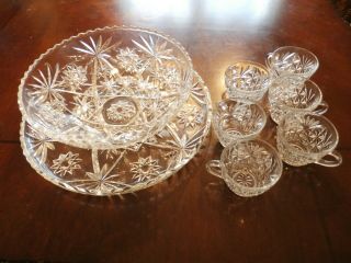 Vintage Glass Crystal Punch Bowl And Underplate,  6 Cups Stars Willow