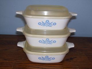 Set Of 3 Corning Ware 1 3/4 Cup Petite Dishes P - 41 - B Blue Cornflower W/lids
