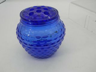 Vintage Cobalt Blue Knobby Hobnail Glass Vase Jar With 11 Hole Flower Frog