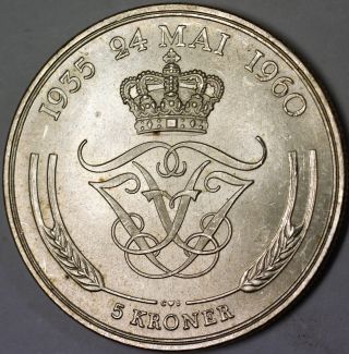 1960 Denmark 5 Kroner Brilliant Uncirculated Commemorative 24 Mai Silver Coin
