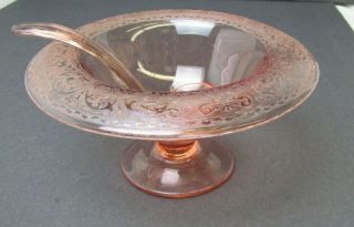 Vintage Pink Depression Glass Footed Compote Etched Rim Pedestal Base With Spoon