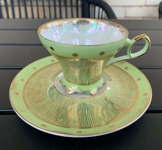 Vintage Lefton China Green Pearl Luster Hand Painted Teacup Saucer