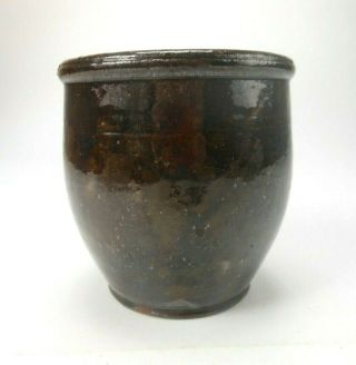 Early Antique Redware Pottery Jar Hand Made Pot Rich Tobacco Glaze 4 7/8 "