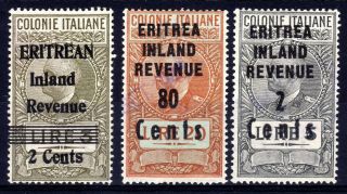 British Occupation Of Italian Colonies Revenues: Eritrea Inland Revenue 3 Stamps