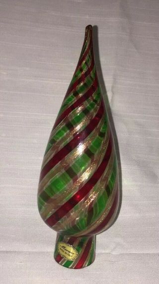 Murano Made In Italy Art Glass Christmas Tree Topper Gold Dust Red Green Swirl