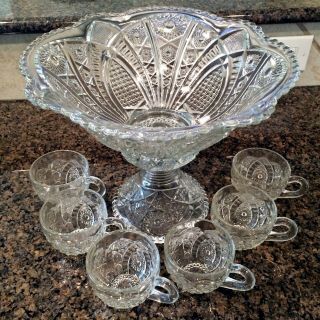 Vintage Glass Punch Bowl Set With 6 Cups