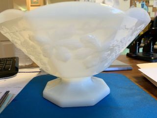 Vintage White Milk Glass Pedestal Fruit Bowl Octagon Grape & Leaf Pattern