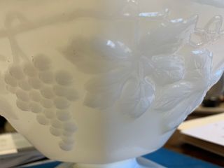 Vintage White Milk Glass Pedestal Fruit Bowl Octagon Grape & Leaf Pattern 2