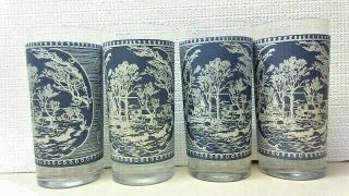 Set Of 4 Currier & Ives Blue And White 12 Oz.  Tumbler Glasses House In The Woods