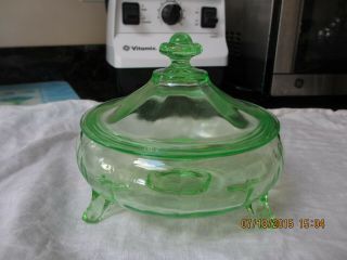 Cambridge Vtg.  Green Vaseline Glass Footed Candy Dish W/lid 6 " X 4.  5 " Cond.