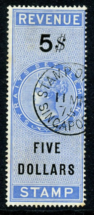Malaya Straits Settlements 1874 $5 Five Dollars Blue & Black Revenue