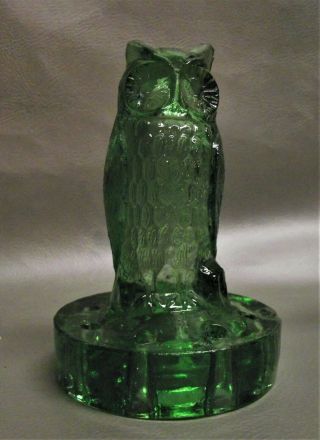 Vintage Green Glass Owl Flower Frog 1.  6 "