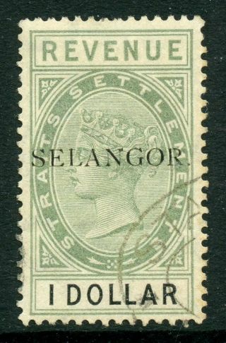 Malaya Selangor State 1888 $1 One Dollar Green & Black Revenue