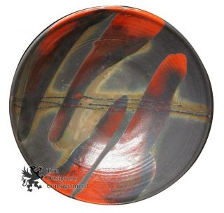 1 Round Handpainted Red & Black Signed Stoneware Art Dish Bowl 18.  5 "