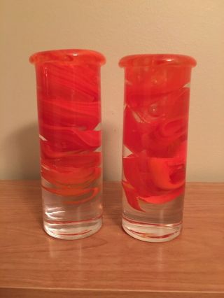 Pair Kosta Boda Orange Atoll Candlesticks Glass Candleholders Anna Ehrner