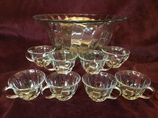 Anchor Hocking Glass Punch Bowl Large Swirl With 8 Matching Cups