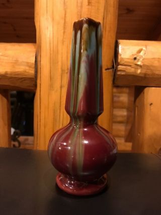 Vintage Mid - Century Burgundy Green Brown Drip Art Pottery Vase Belgium 70