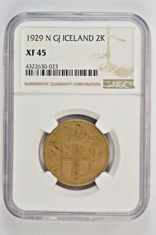 1929 N Gj Iceland 2 Kroner Ngc Xf45 Starts At.  99 Cents