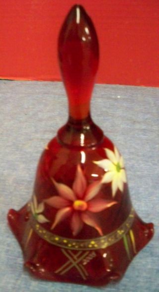 2008 Fenton Red Glass Bell Hand Painted Signed Flowers Gold Trim 6 1/2 " T X 4 " D