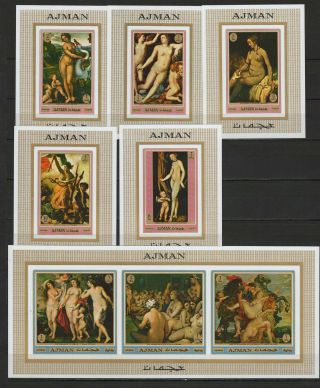 Paintings Leonardo Da Vinci,  Rembrandt,  Rubens 1970 Ajman Set Of 6 S/s Imp.  Mnh