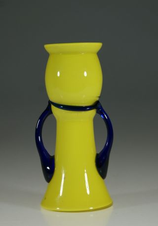 Vintage Deco Czech Glass Yellow & Cobalt Blue Tango Vase c.  1930 2