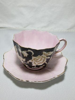 Paragon H.  M.  The Queen & H.  M.  Queen Mary Tea Cup & Saucer Black/soft Pink Flora