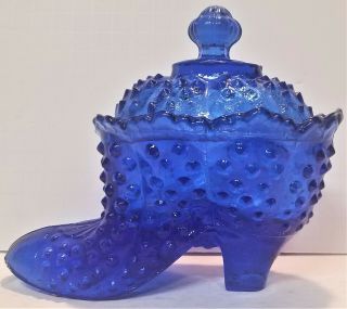 Vintage Cobalt Blue Hobnail Glass Shoe Or Slipper Trinket Ladies Boot W Lid