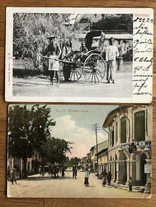 2 X Straits Settlements Old Postcard Rickshaw Road Penang To Germany 1903