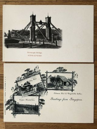 Straits Settlements Old Postcard Singapore Cavenagh Bridge Malay Chinese Hut