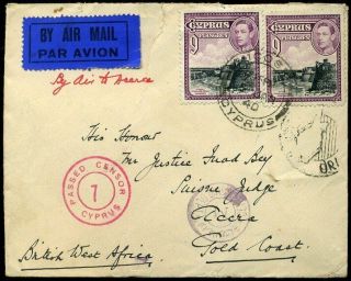 Cyprus 1940 Air Mail Censor 1 M.  Munir Bey Cbe To Gold Coast