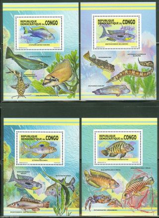 Congo 2013 Fish Set Of Four Deluxe Souvenir Sheets Never Hinged
