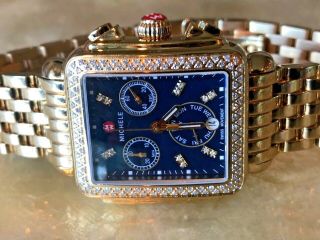 Michele Deco Signature Yellow Gold Plated Blue Diamond Dial Watch,  Bracelet