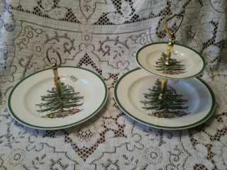 Spode Christmas Tree 1,  2 Or 3 Tier Tray Serving Dish Green Trim Made In England